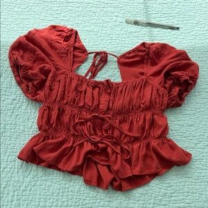 Ruched Tie-Front Red Puff-Sleeve Crop Top